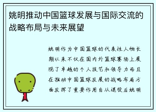 姚明推动中国篮球发展与国际交流的战略布局与未来展望
