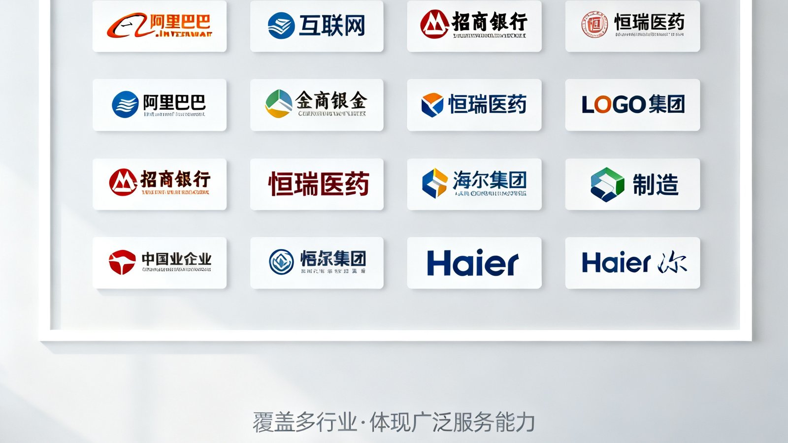 龙八头号玩家服务过的部分企业客户品牌LOGO展示墙，包含互联网、金融、医药、制造等多个行业的知名企业标识，体现了广泛的服务覆盖能力。